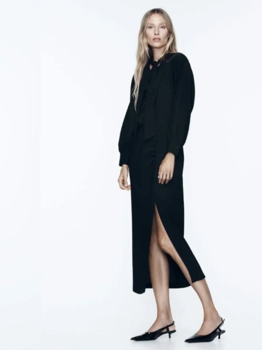 NWT Zara Black Crepe Tie-Neck Midi Dress Size L | Long Sleeve | Elegant